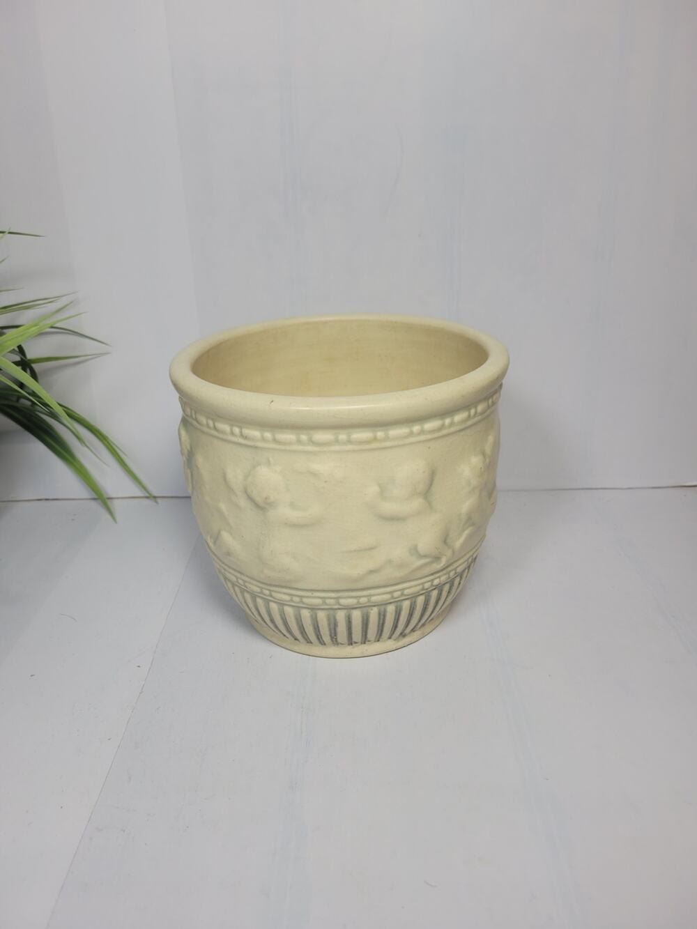 Antique Weller Pottery Fairfield Jardiniere Cherubs Ivory w Green Planter